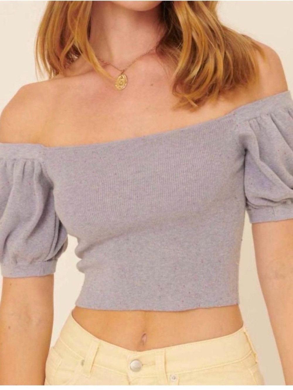NWT Lilac Off-Shoulder Puff Sleeve Knit Top
